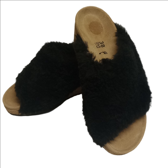 🆕 BIRKENSTOCK PAPILLIO "NAMICA" BLACK TEDDY SHEARLING WOOL OPEN TOE WEDGE MULES - Picture 4 of 16